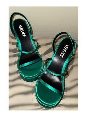 Versace Satin Emerald Green Platform Slingback Sandals